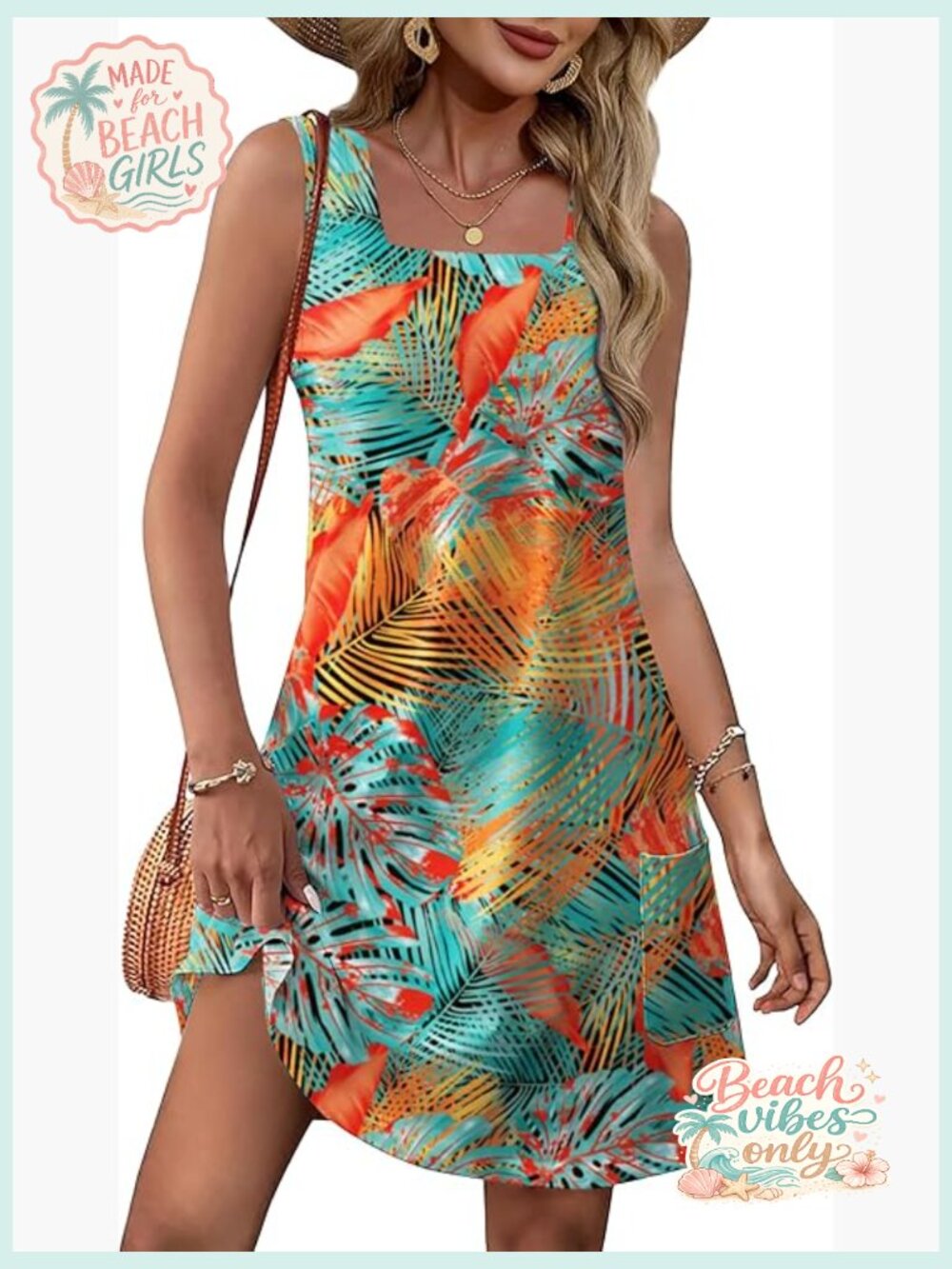 Women's Loose Swing Sundress with Pockets Square Neck Tank Dress